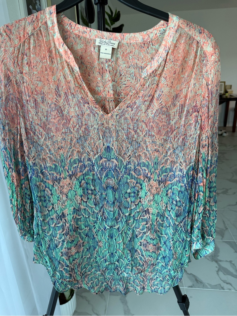 Lucky Brand Sheer Multicolor Boho Print Blouse Top Medium